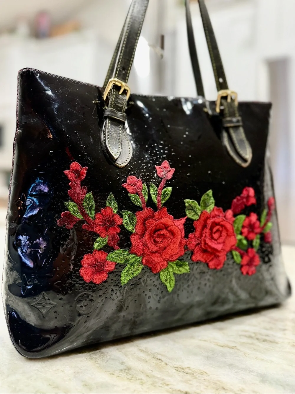 Louis Vuitton Authentic Black Vernis Leather Tote with Custom 3D Red Rose Motif